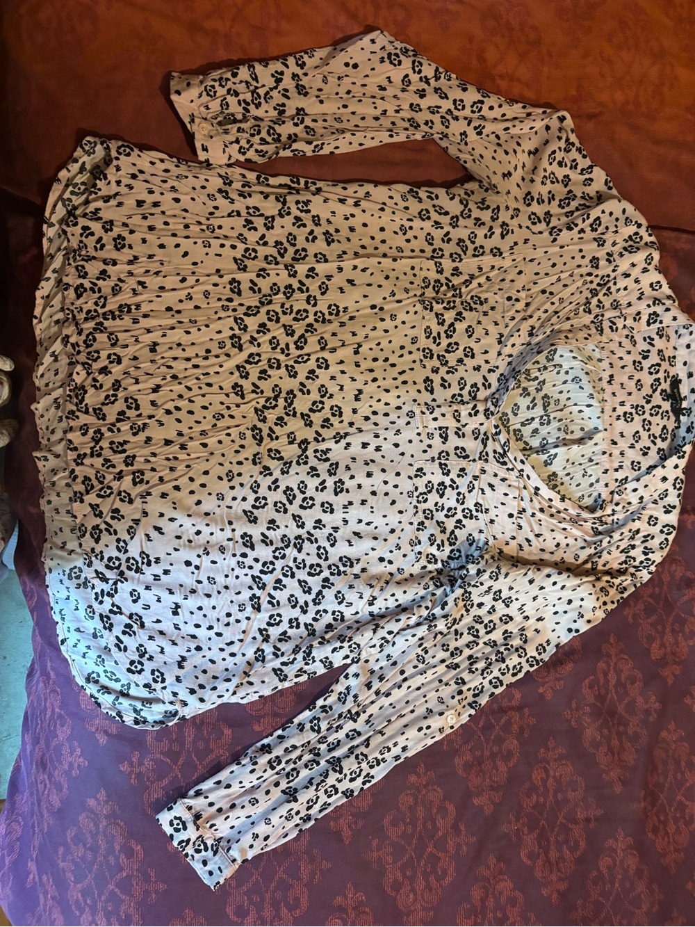 Pleated Long-Sleeve Animal-Print Blouse in Blush